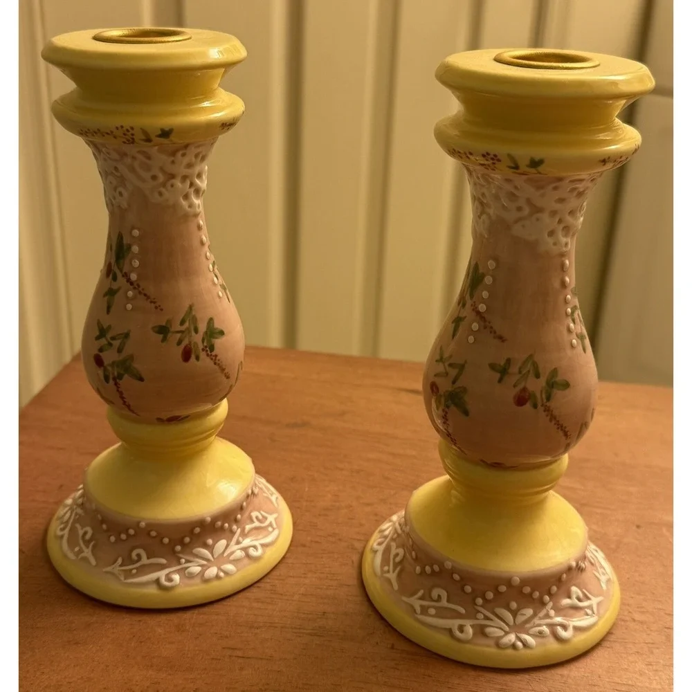 Pair of Ceramic Candlestick Holders 6‎ 5/8 Pink Yellow Floral Design Handpainted